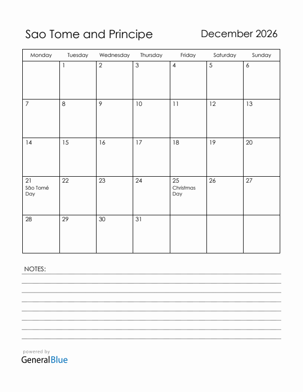 December 2026 Sao Tome and Principe Calendar with Holidays (Monday Start)
