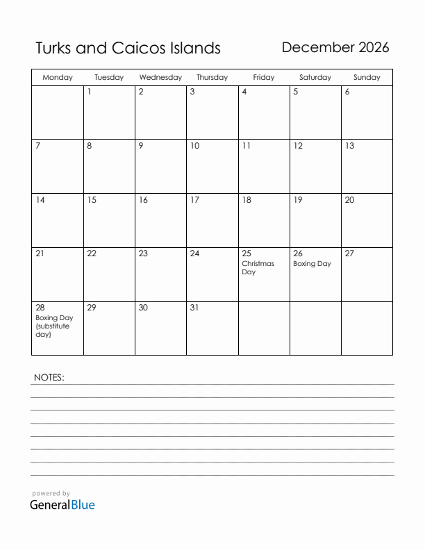 December 2026 Turks and Caicos Islands Calendar with Holidays (Monday Start)