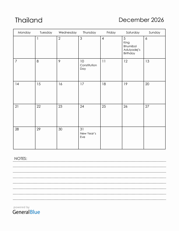 December 2026 Thailand Calendar with Holidays (Monday Start)