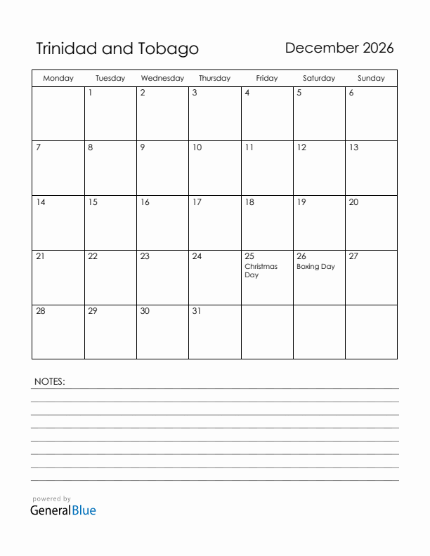 December 2026 Trinidad and Tobago Calendar with Holidays (Monday Start)
