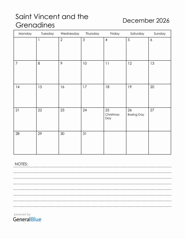 December 2026 Saint Vincent and the Grenadines Calendar with Holidays (Monday Start)