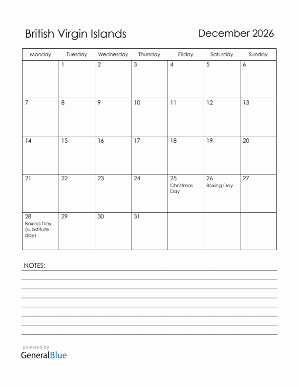 December 2026 British Virgin Islands Calendar with Holidays (Monday Start)