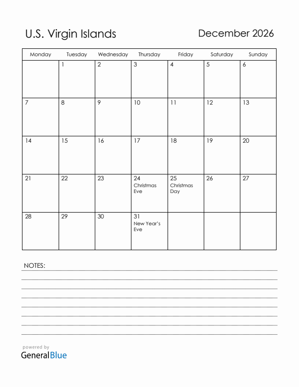 December 2026 U.S. Virgin Islands Calendar with Holidays (Monday Start)