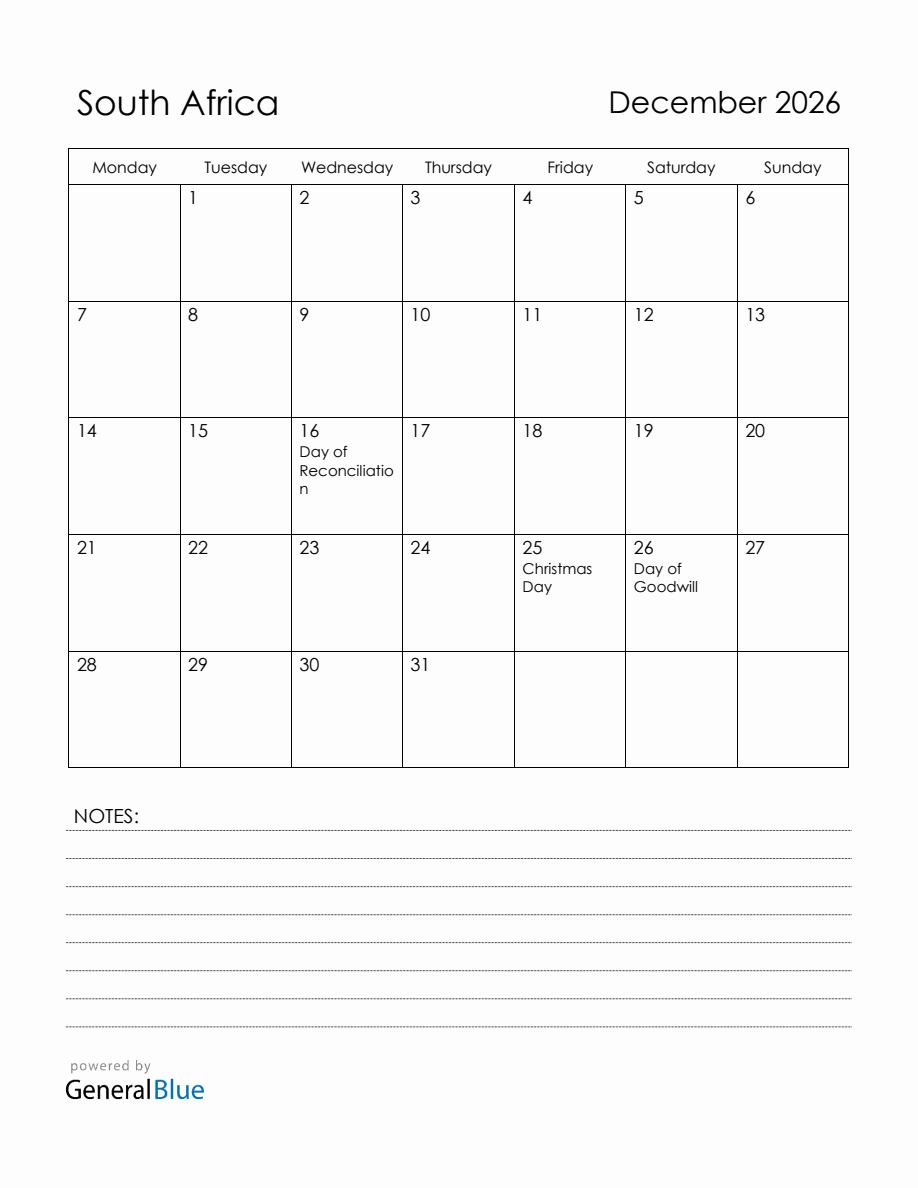 December 2026 South Africa Calendar with Holidays