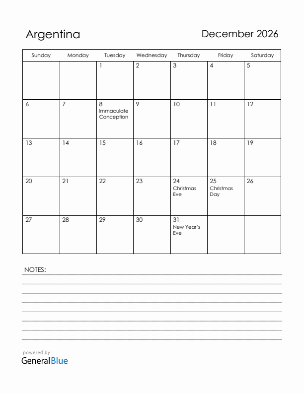 December 2026 Argentina Calendar with Holidays (Sunday Start)