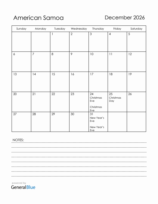 December 2026 American Samoa Calendar with Holidays (Sunday Start)