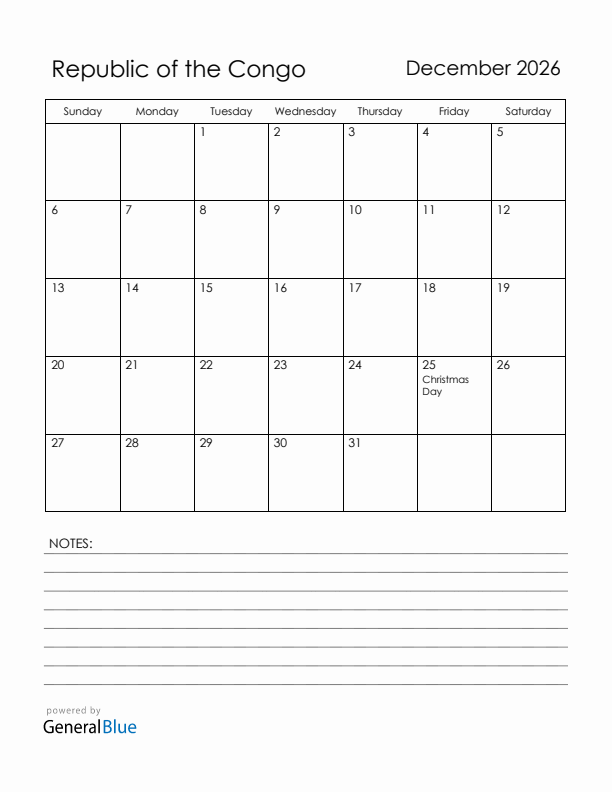 December 2026 Republic of the Congo Calendar with Holidays (Sunday Start)