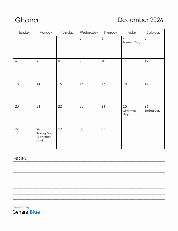 December 2026 Ghana Calendar with Holidays (Sunday Start)