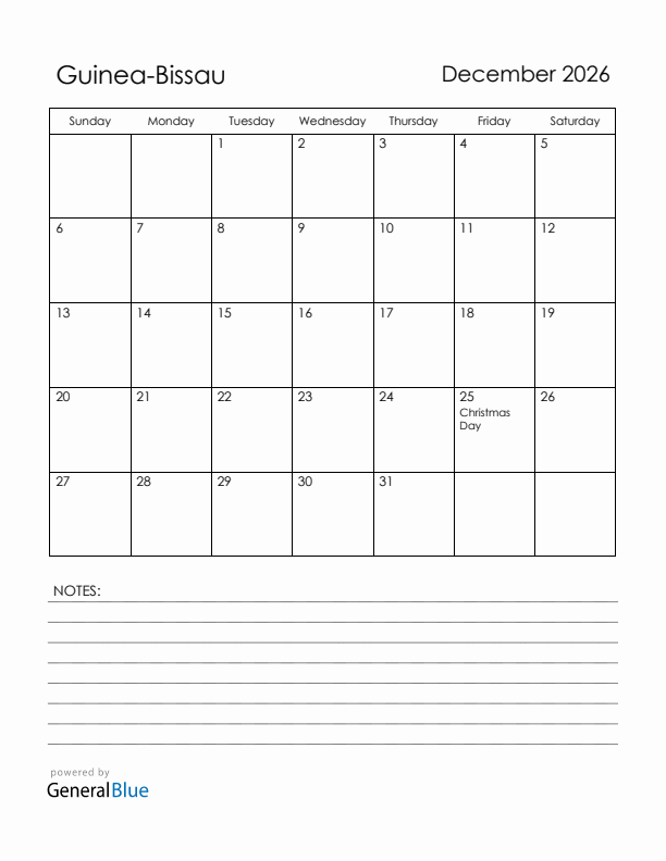 December 2026 Guinea-Bissau Calendar with Holidays (Sunday Start)