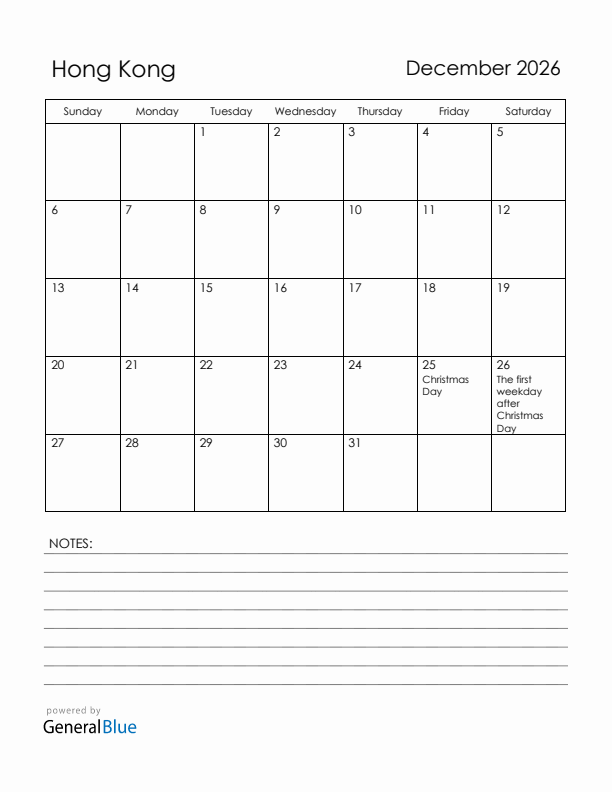 December 2026 Hong Kong Calendar with Holidays (Sunday Start)