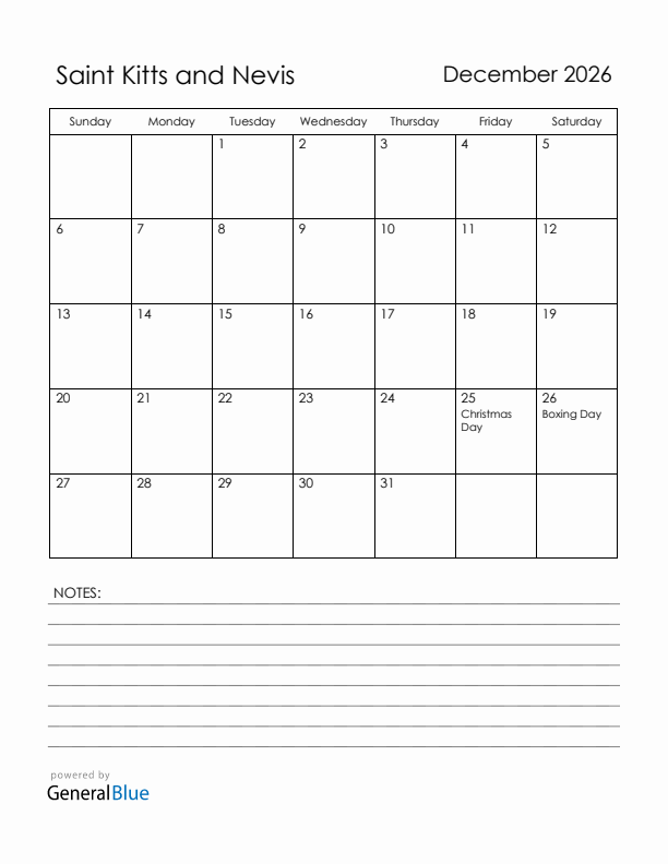 December 2026 Saint Kitts and Nevis Calendar with Holidays (Sunday Start)