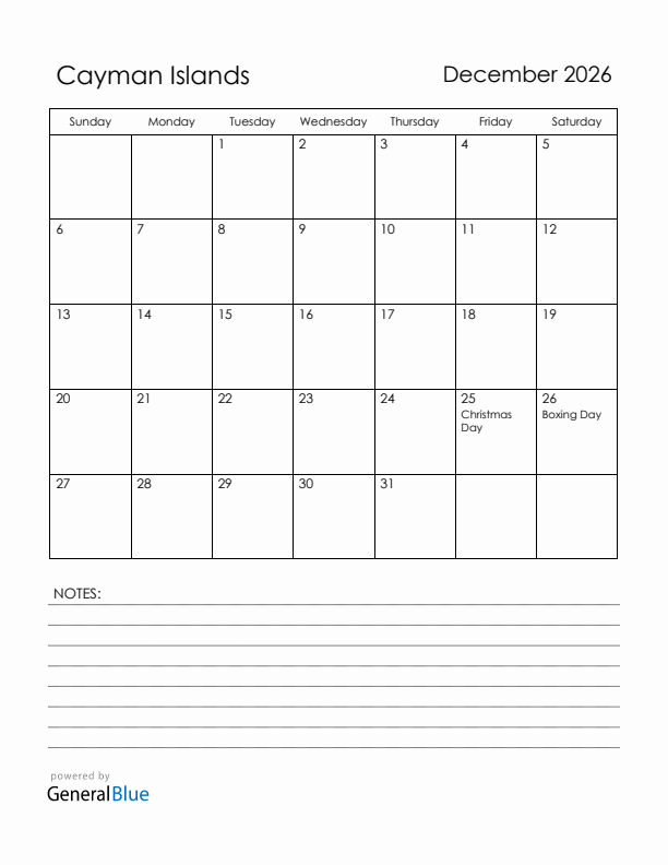 December 2026 Cayman Islands Calendar with Holidays (Sunday Start)