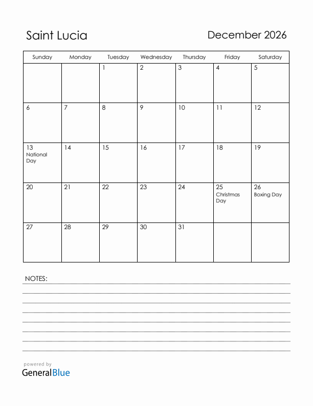 December 2026 Saint Lucia Calendar with Holidays (Sunday Start)