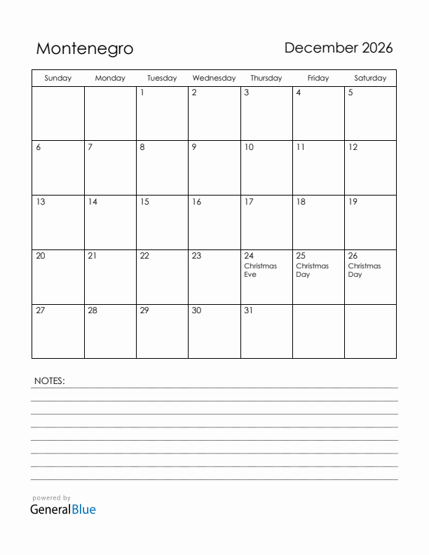 December 2026 Montenegro Calendar with Holidays (Sunday Start)