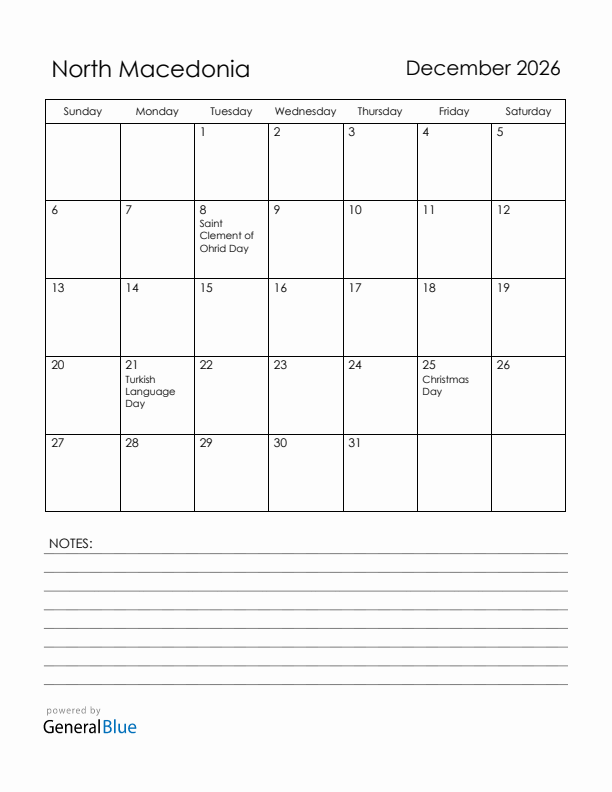December 2026 North Macedonia Calendar with Holidays (Sunday Start)