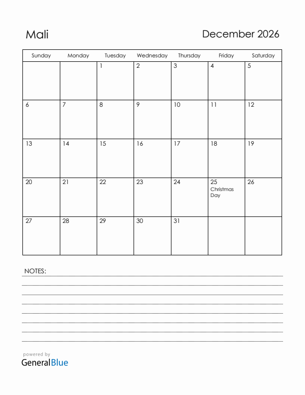 December 2026 Mali Calendar with Holidays (Sunday Start)