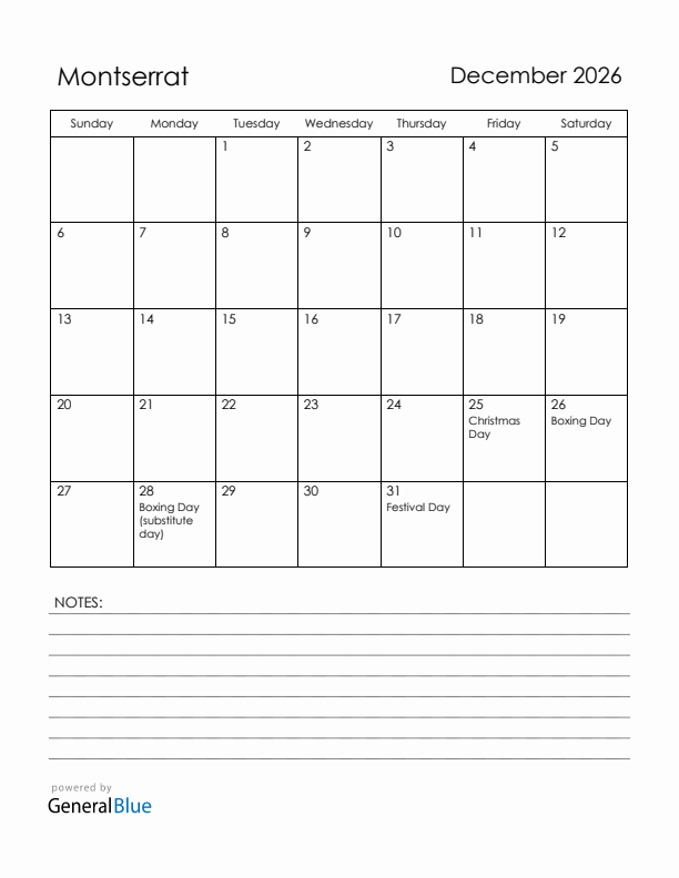 December 2026 Montserrat Calendar with Holidays (Sunday Start)