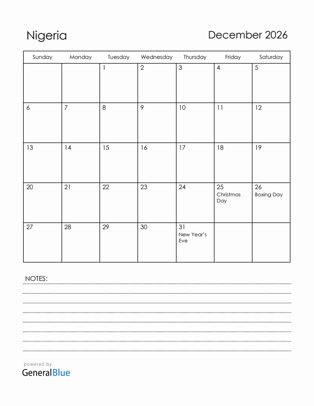 December 2026 Nigeria Calendar with Holidays (Sunday Start)