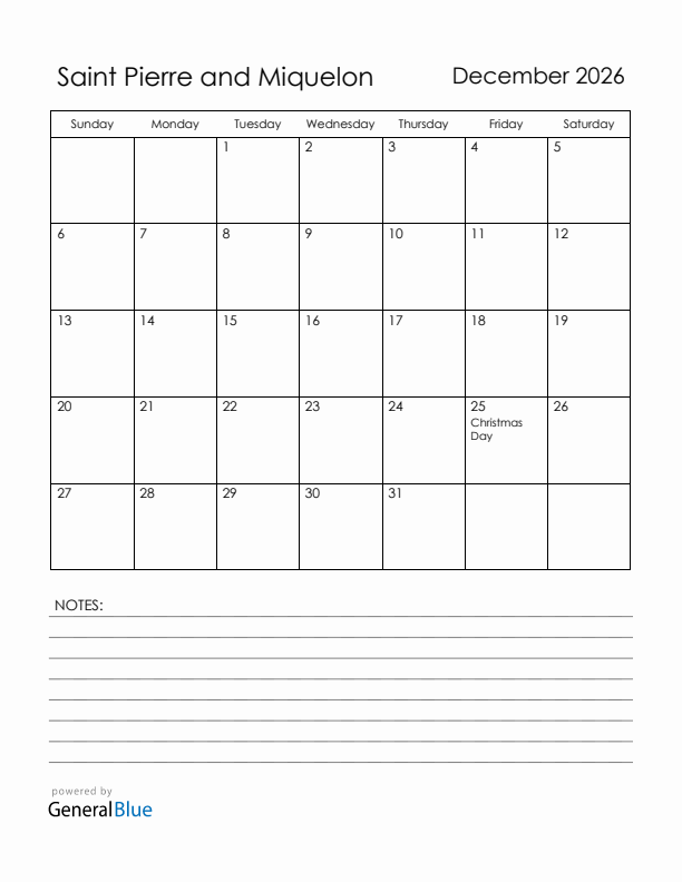 December 2026 Saint Pierre and Miquelon Calendar with Holidays (Sunday Start)