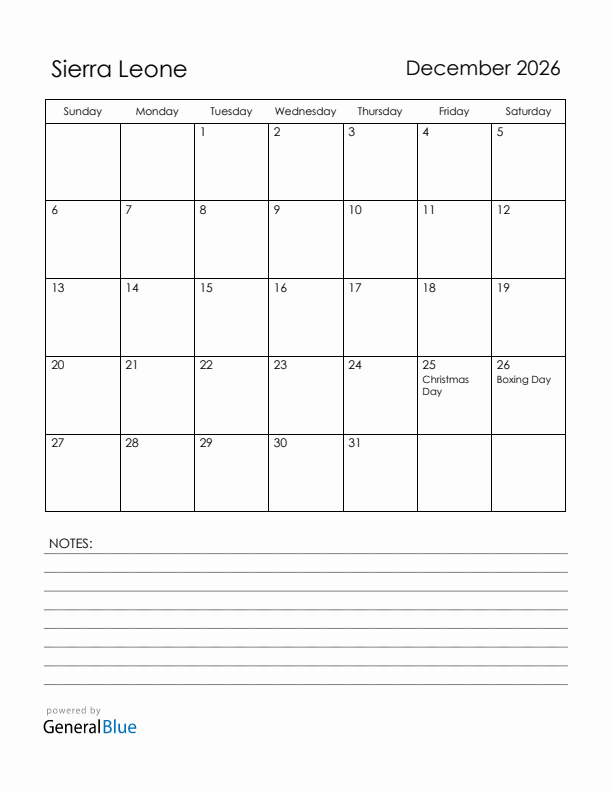 December 2026 Sierra Leone Calendar with Holidays (Sunday Start)