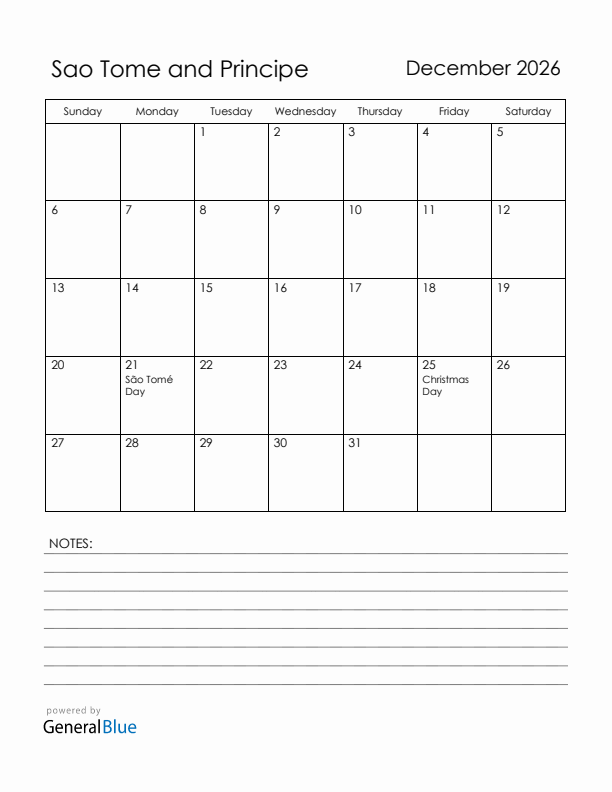 December 2026 Sao Tome and Principe Calendar with Holidays (Sunday Start)