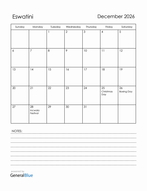December 2026 Eswatini Calendar with Holidays (Sunday Start)
