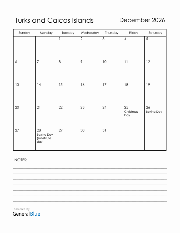December 2026 Turks and Caicos Islands Calendar with Holidays (Sunday Start)