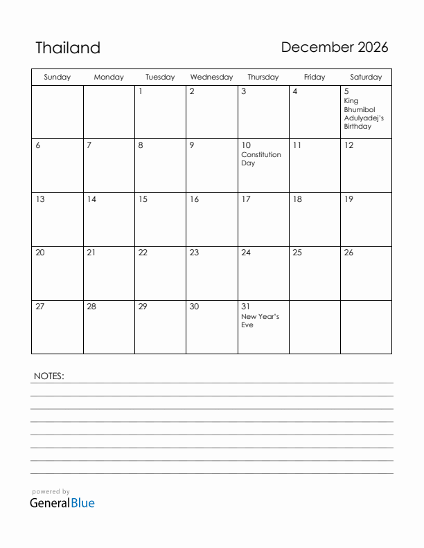December 2026 Thailand Calendar with Holidays (Sunday Start)