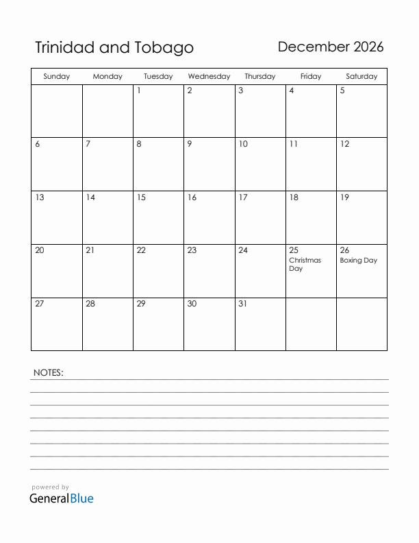 December 2026 Trinidad and Tobago Calendar with Holidays (Sunday Start)