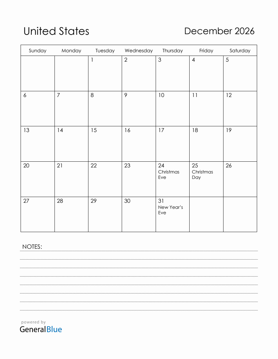 December 2026 United States Calendar with Holidays