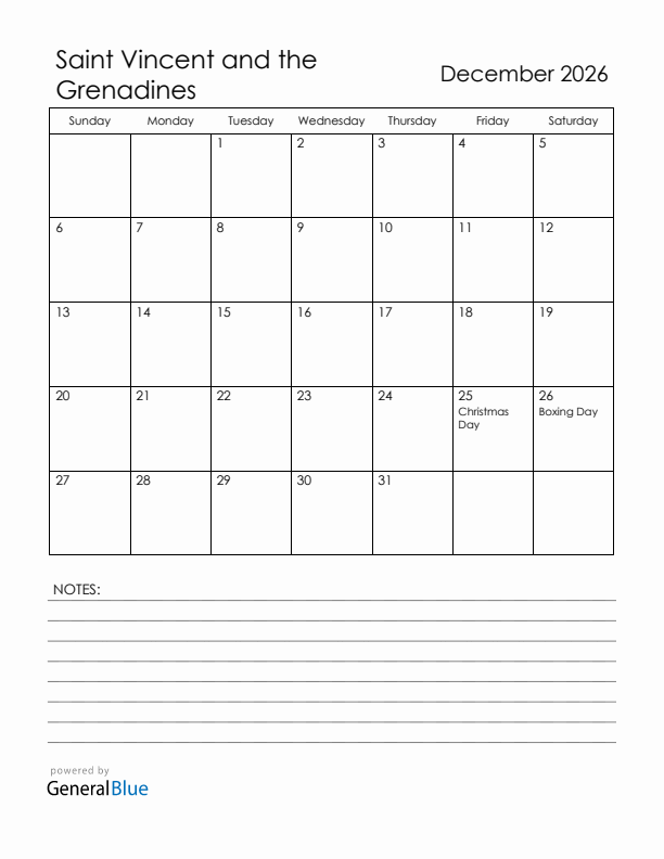 December 2026 Saint Vincent and the Grenadines Calendar with Holidays (Sunday Start)