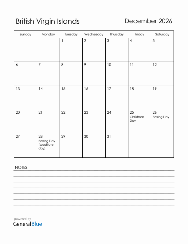 December 2026 British Virgin Islands Calendar with Holidays (Sunday Start)
