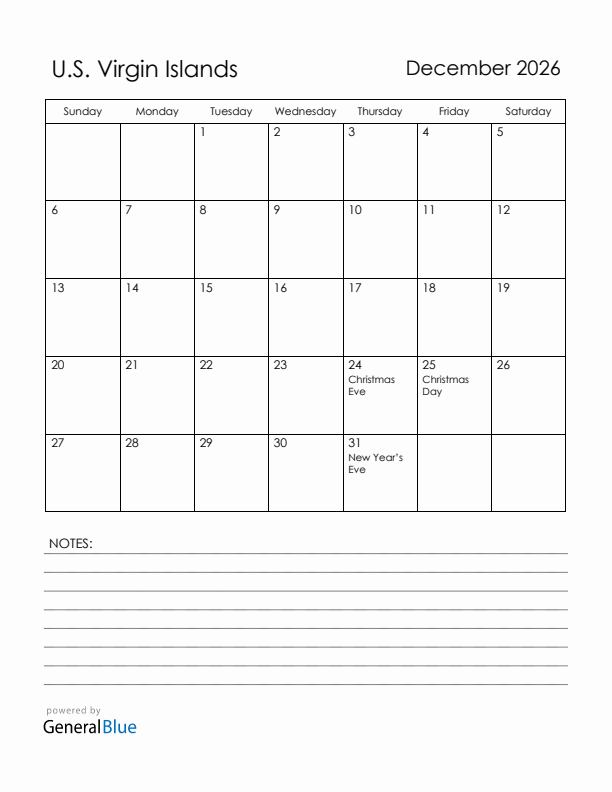 December 2026 U.S. Virgin Islands Calendar with Holidays (Sunday Start)