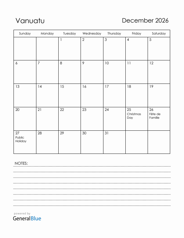 December 2026 Vanuatu Calendar with Holidays (Sunday Start)