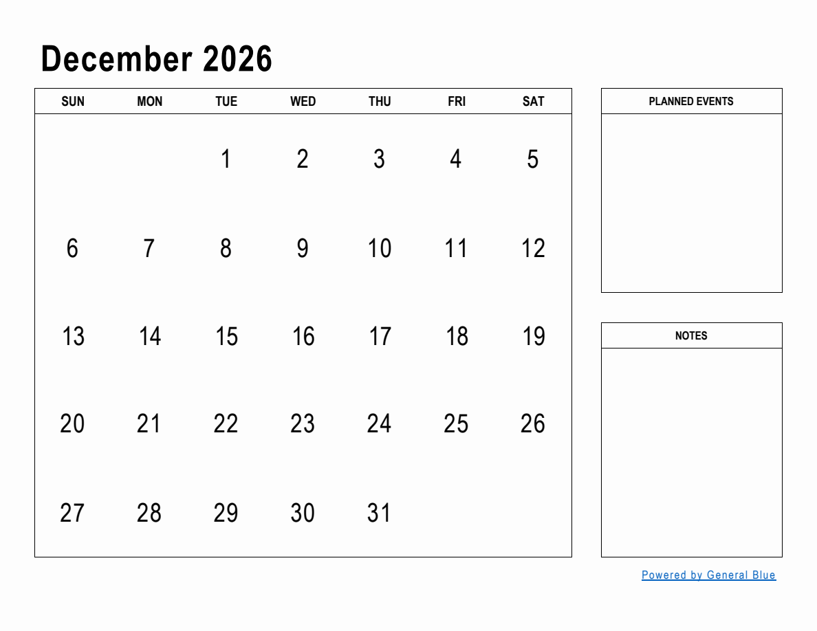 December 2026 Monthly Planner