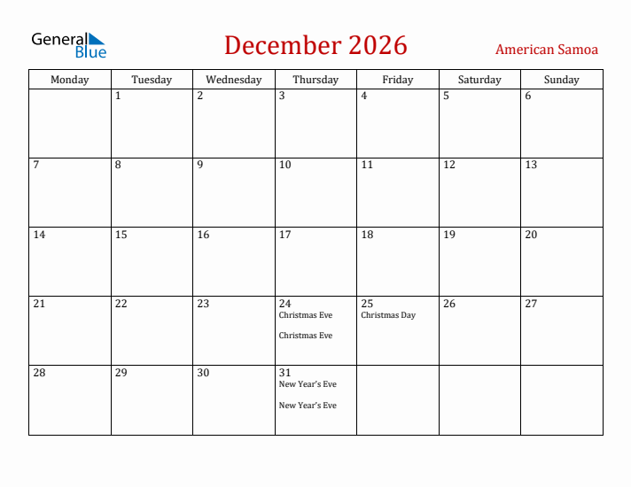 American Samoa December 2026 Calendar - Monday Start