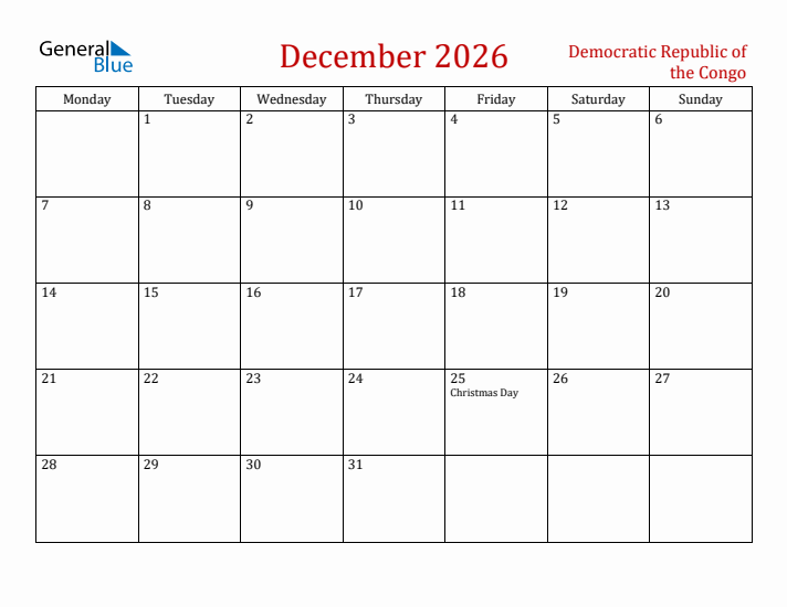 Democratic Republic of the Congo December 2026 Calendar - Monday Start