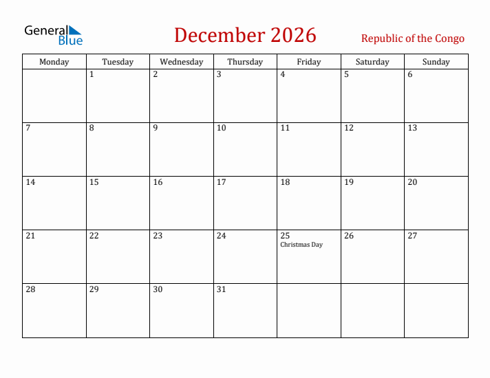 Republic of the Congo December 2026 Calendar - Monday Start