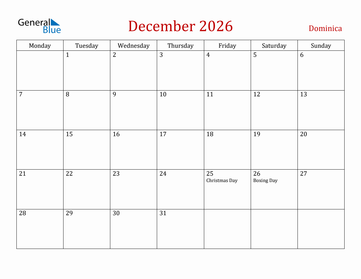 December 2026 Dominica Monthly Calendar with Holidays