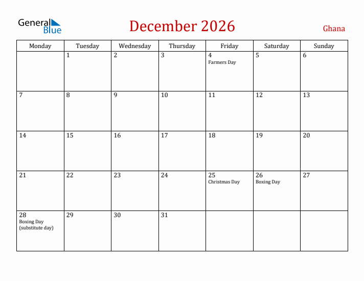 Ghana December 2026 Calendar - Monday Start