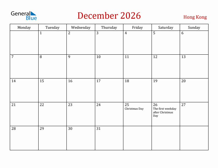 Hong Kong December 2026 Calendar - Monday Start