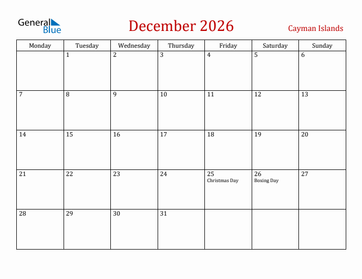 Cayman Islands December 2026 Calendar - Monday Start