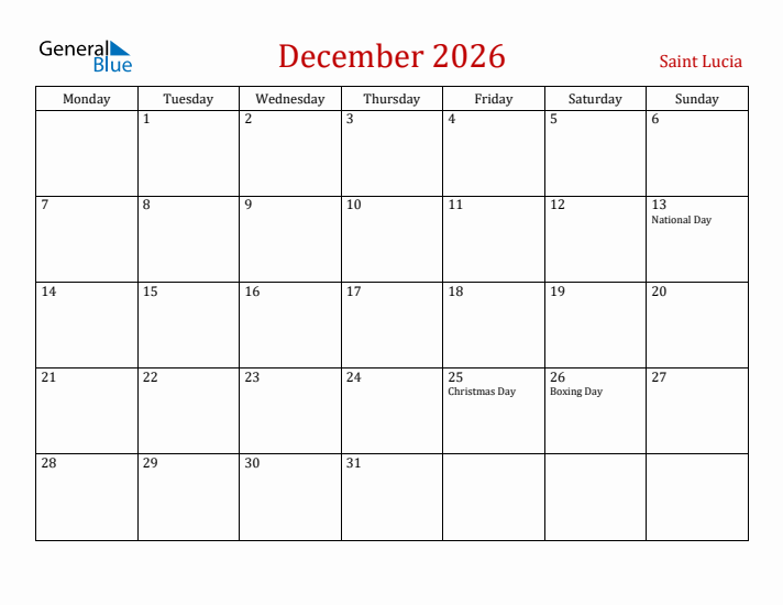 Saint Lucia December 2026 Calendar - Monday Start