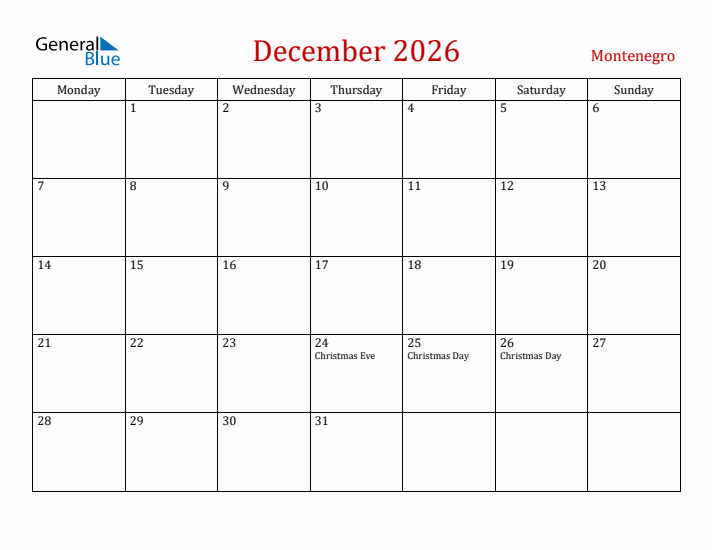 Montenegro December 2026 Calendar - Monday Start
