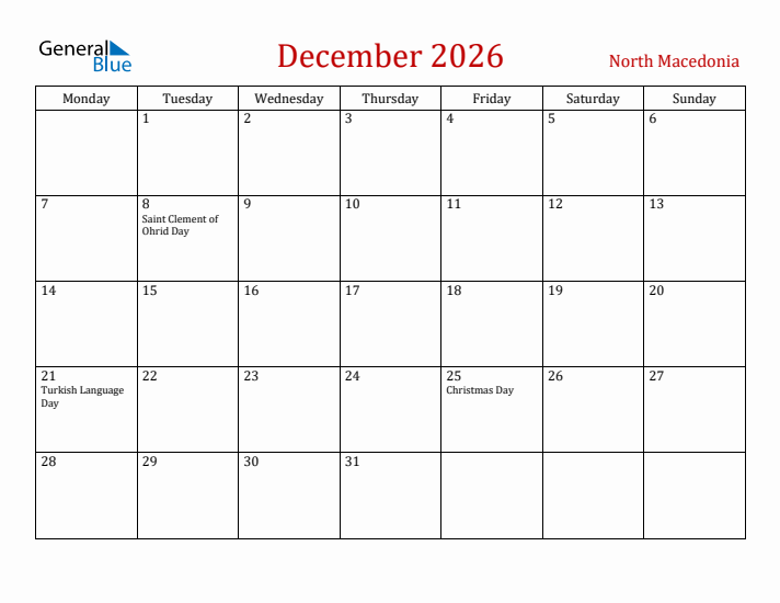 North Macedonia December 2026 Calendar - Monday Start