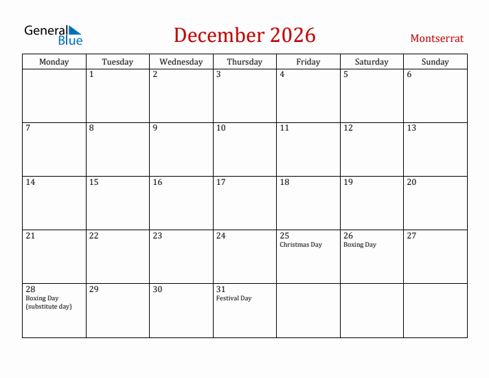 Montserrat December 2026 Calendar - Monday Start