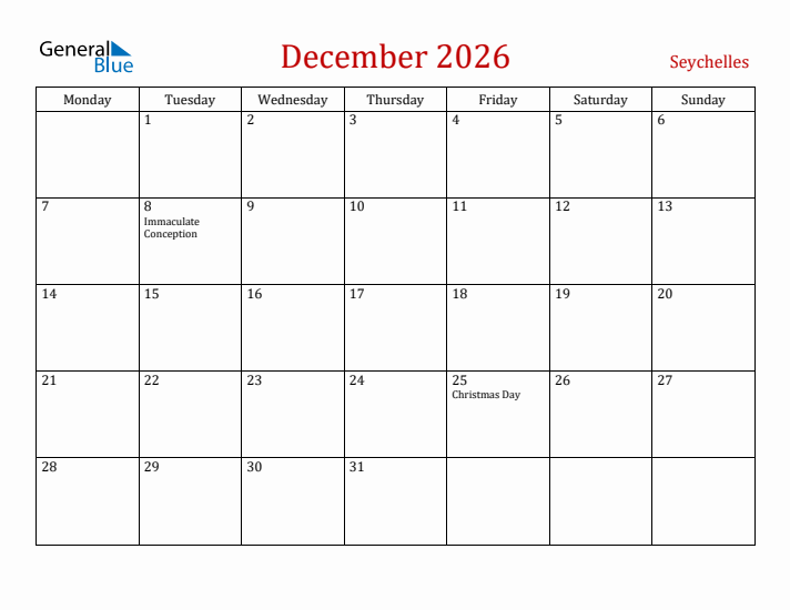 Seychelles December 2026 Calendar - Monday Start