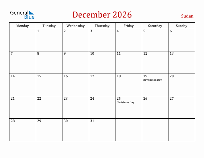 Sudan December 2026 Calendar - Monday Start