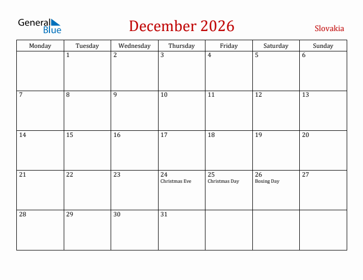Slovakia December 2026 Calendar - Monday Start