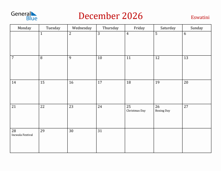 Eswatini December 2026 Calendar - Monday Start